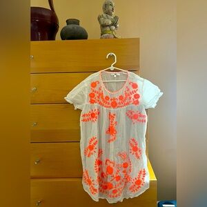 Sheer White Indian Cotton Top with Fluorescent Orange Embroidery